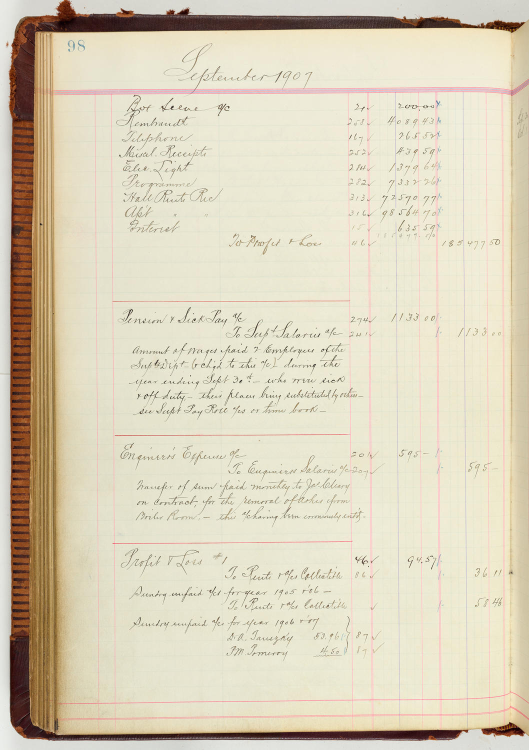 Music Hall Accounting Ledger Journal, volume 7, page 98