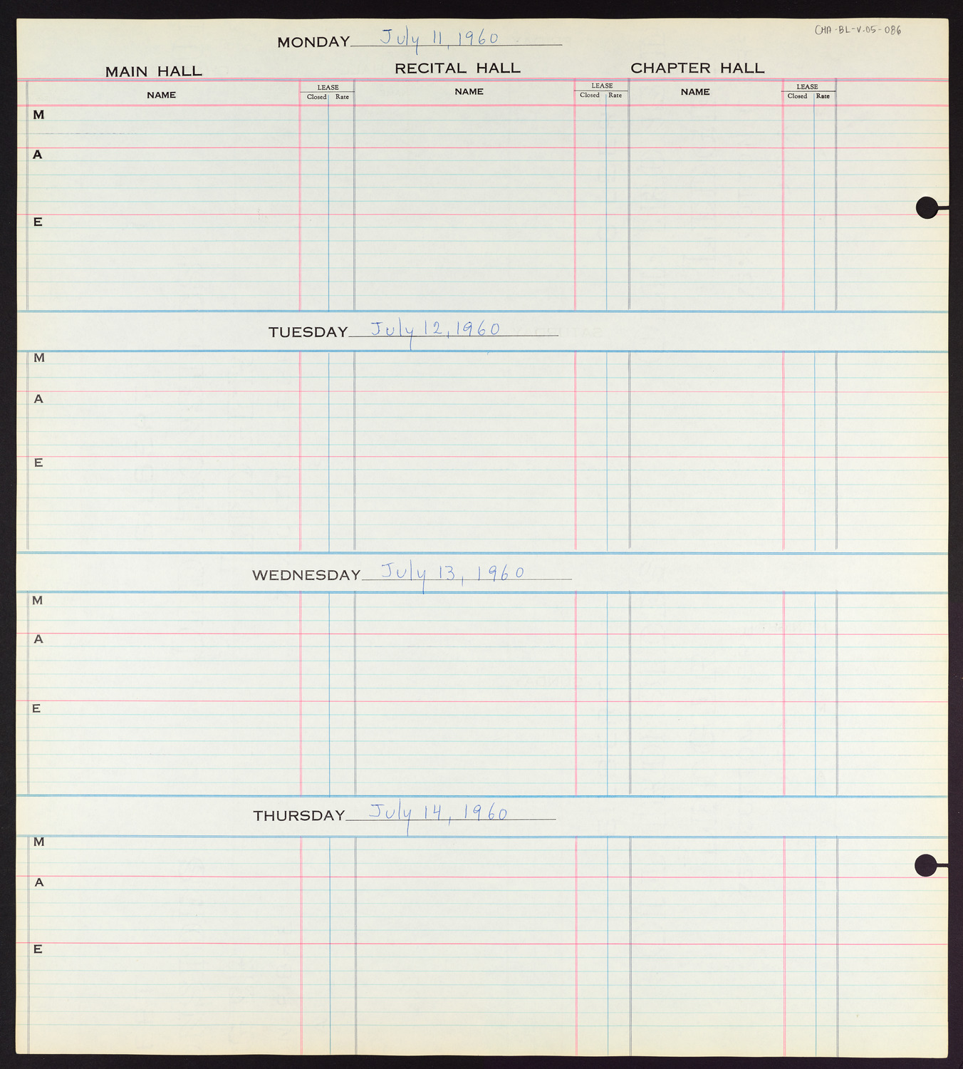 Carnegie Hall Booking Ledger, volume 5, page 86