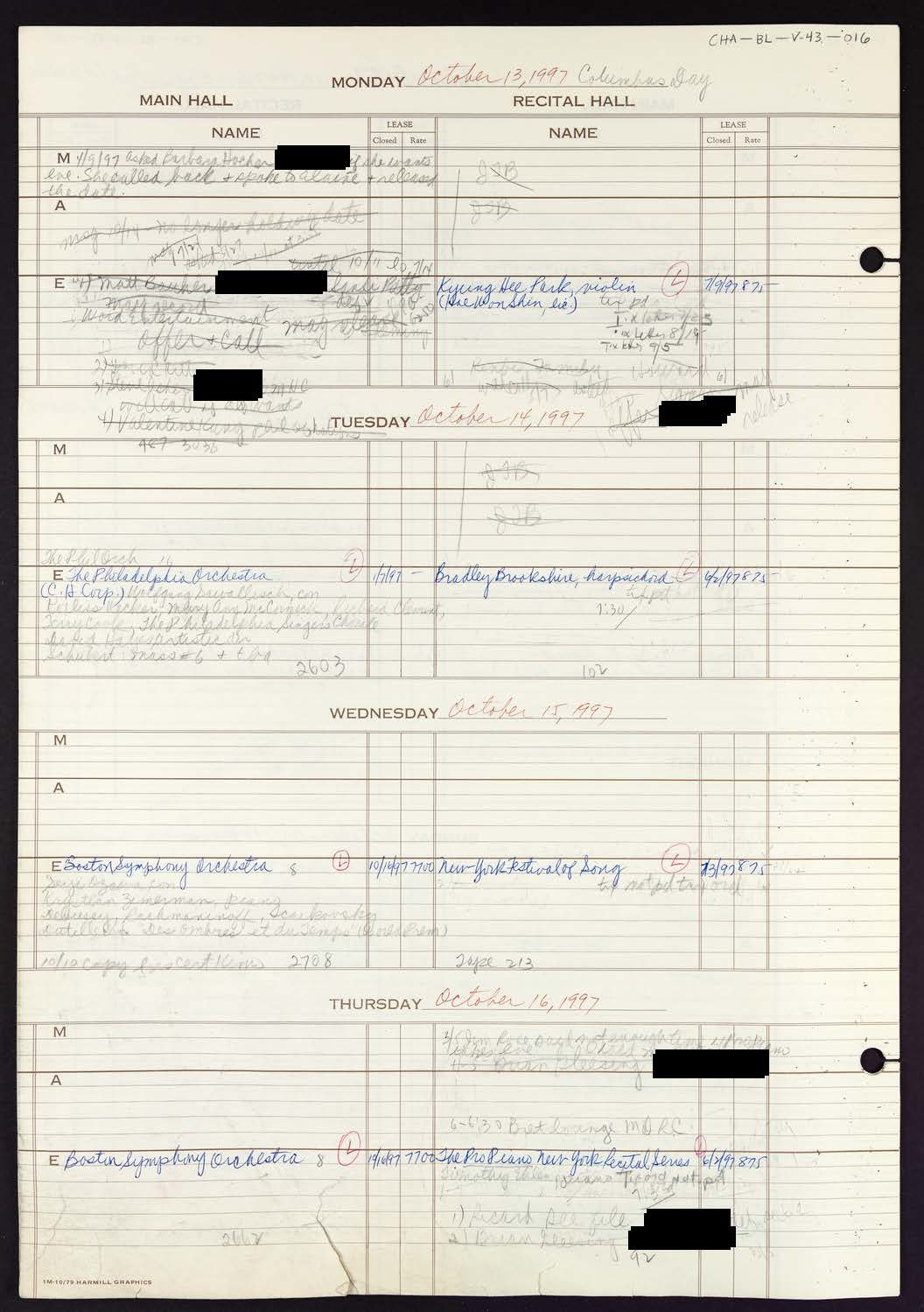 Carnegie Hall Booking Ledger, volume 43, page 16