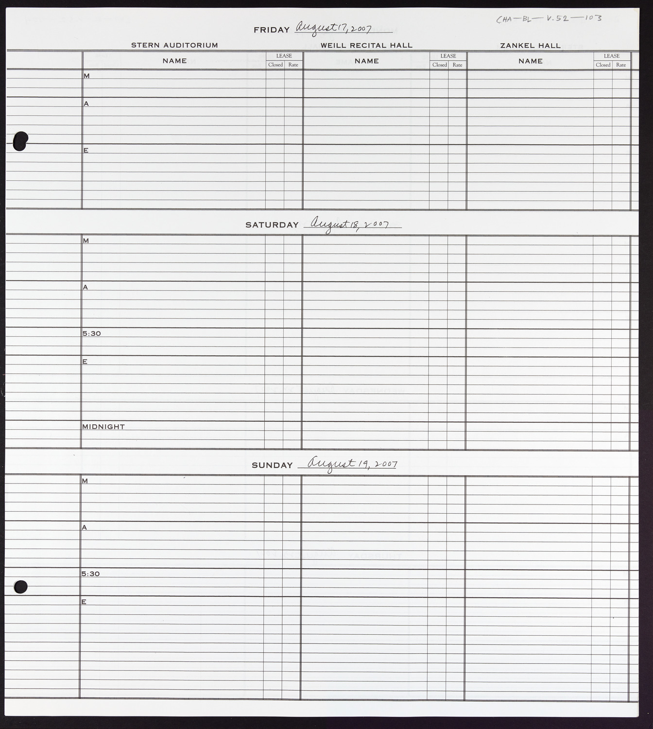 Carnegie Hall Booking Ledger, volume 52, page 103