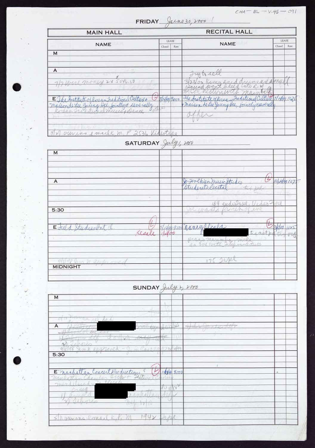 Carnegie Hall Booking Ledger, volume 45, page 91