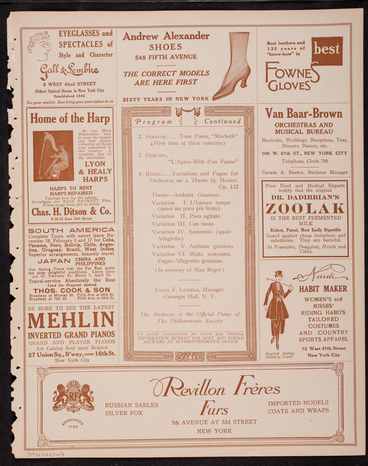 New York Philharmonic, November 16, 1916, program page 7