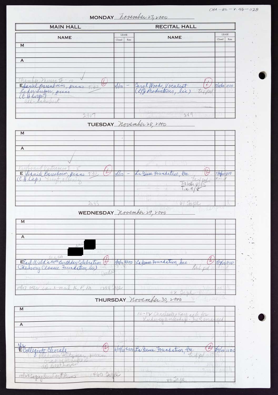 Carnegie Hall Booking Ledger, volume 46, page 28