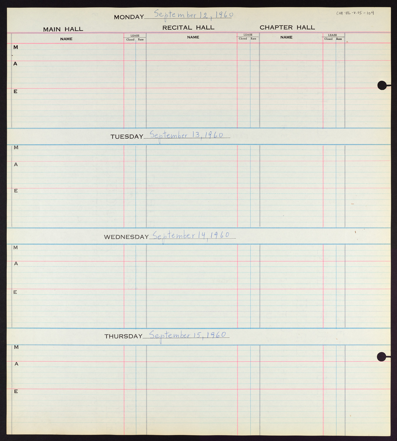 Carnegie Hall Booking Ledger, volume 5, page 104