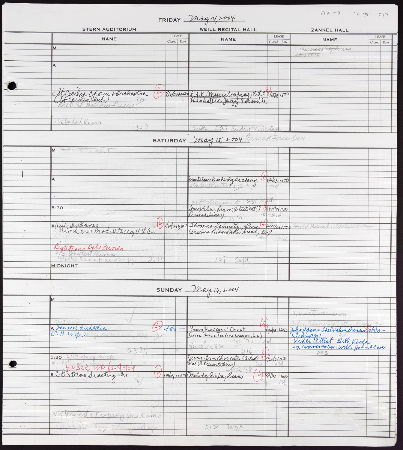 Carnegie Hall Booking Ledger, volume 49, page 77