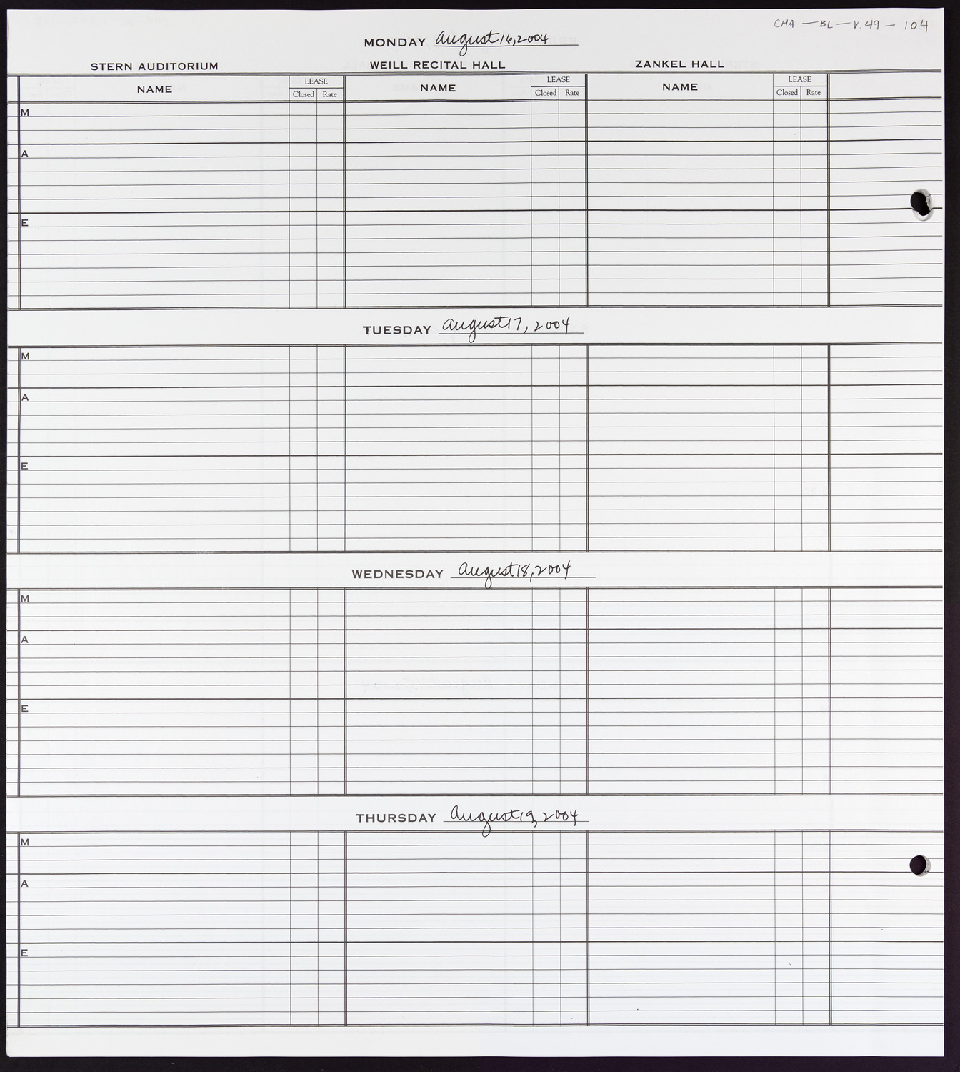 Carnegie Hall Booking Ledger, volume 49, page 104