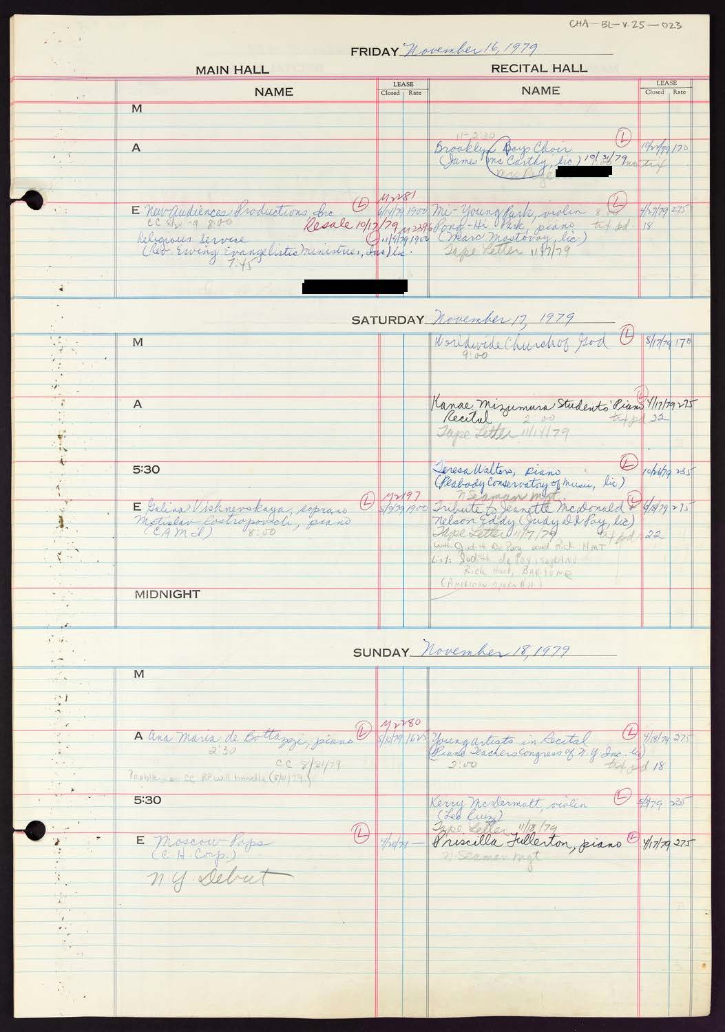 Carnegie Hall Booking Ledger, volume 25, page 23