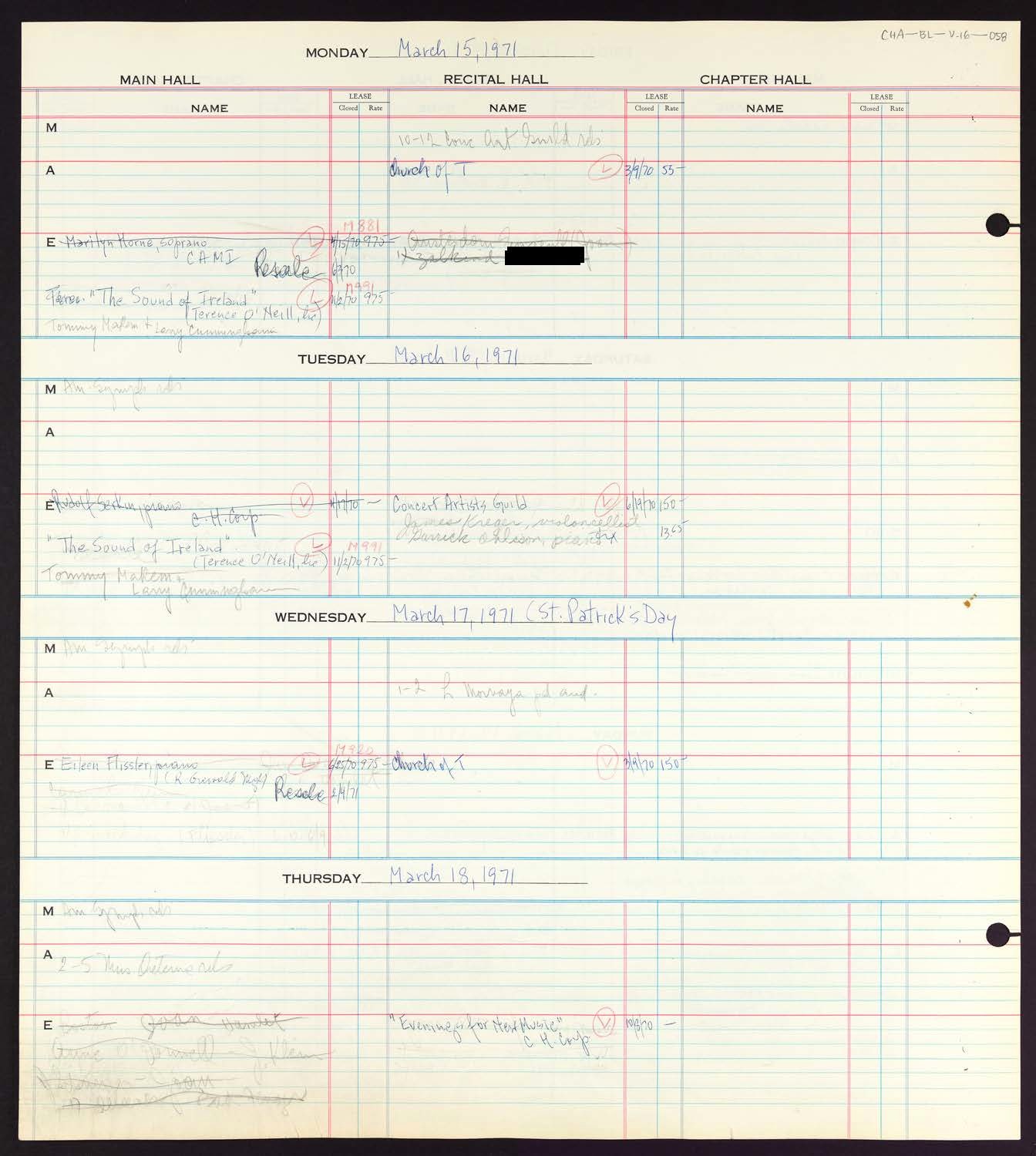 Carnegie Hall Booking Ledger, volume 16, page 58