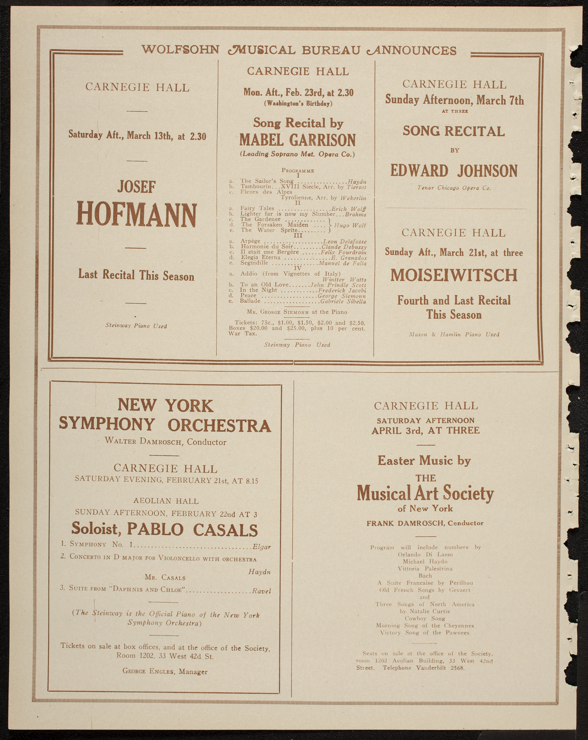 Alfred Cortot, Piano, with the New York Symphony Orchestra, February 19, 1920, program page 8