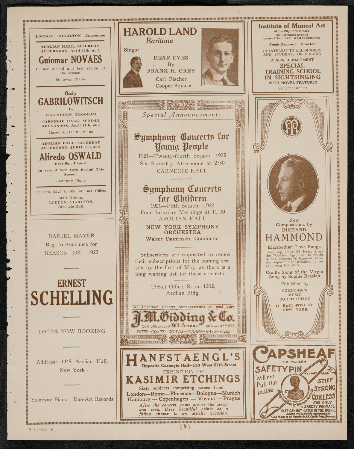 National Symphony Orchestra, April 23, 1921, program page 9