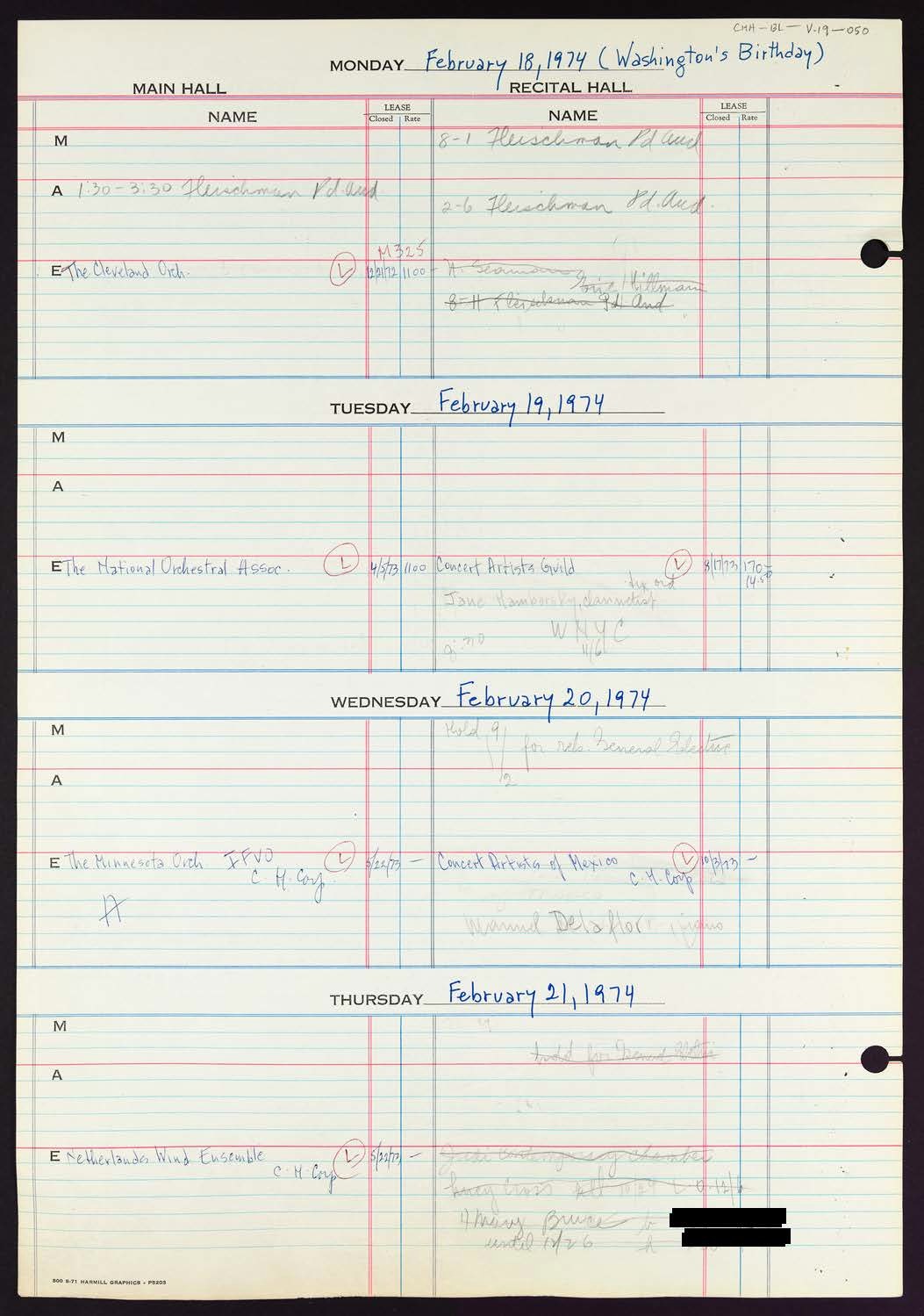 Carnegie Hall Booking Ledger, volume 19, page 50