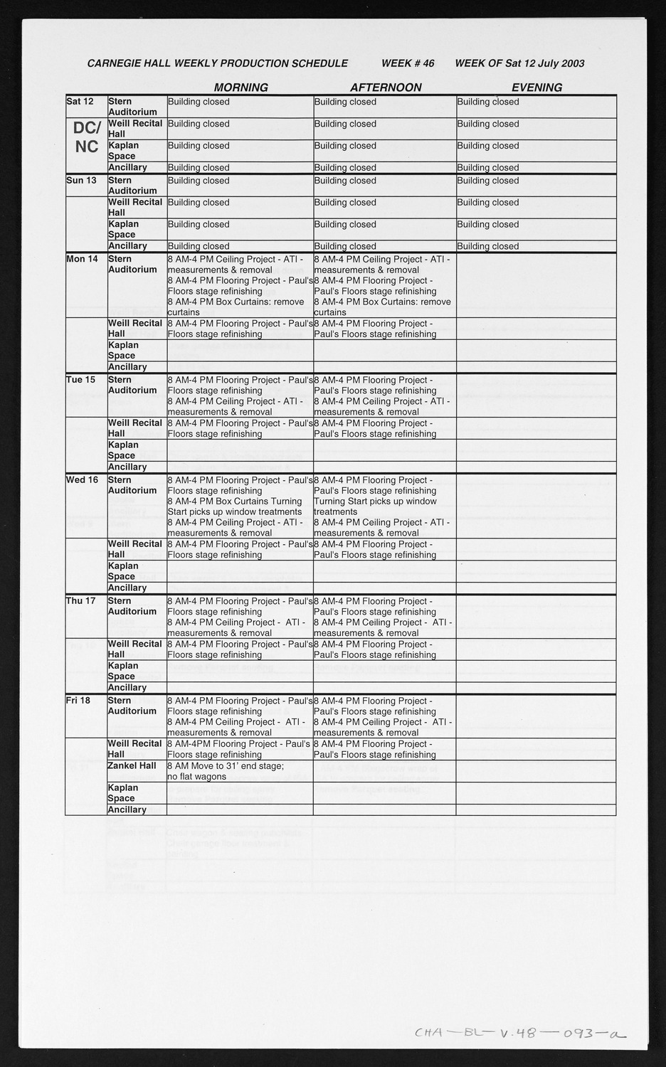 Carnegie Hall Booking Ledger, volume 48, page 93a