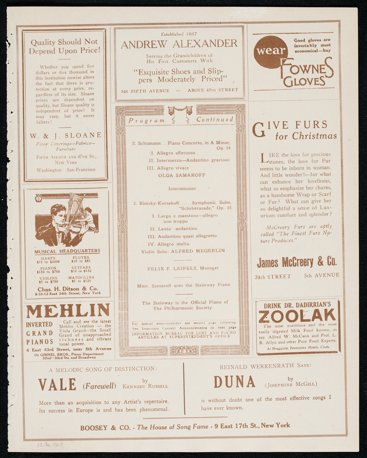 New York Philharmonic, December 3, 1920, program page 7