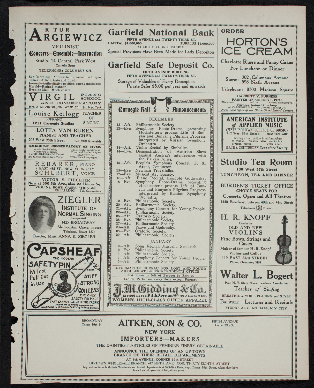 New York Philharmonic, December 12, 1912, program page 3