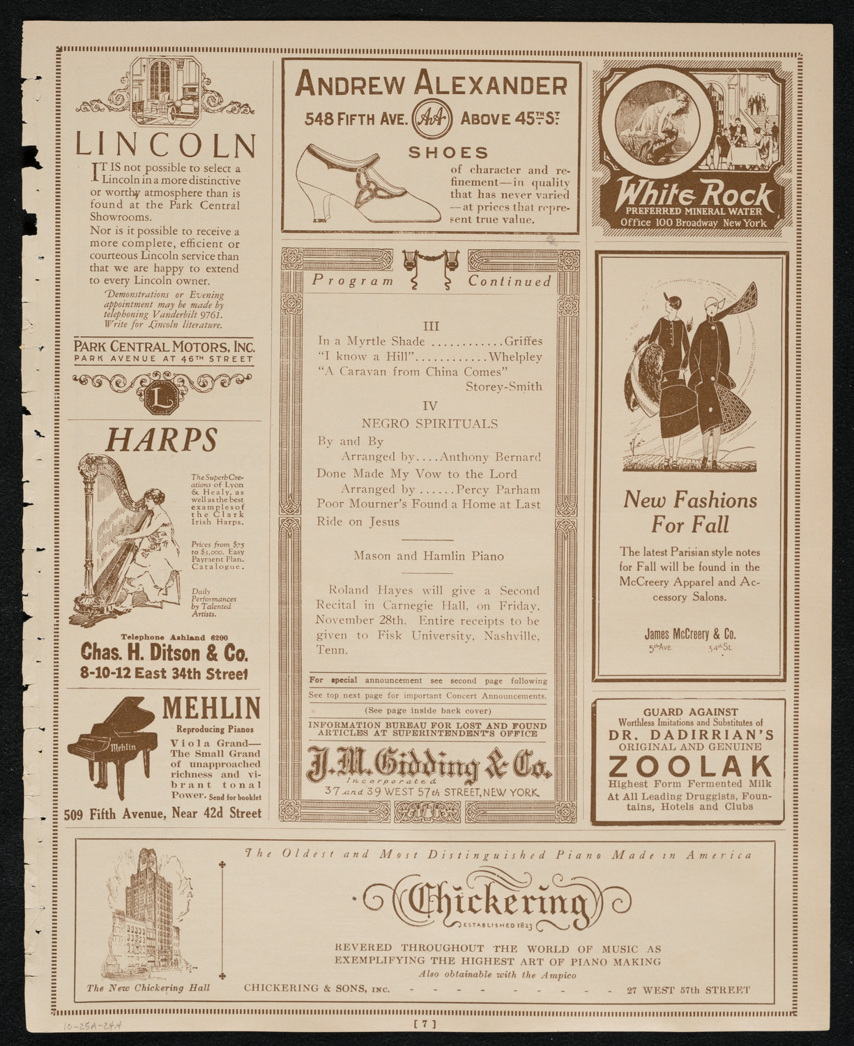 Roland Hayes, Tenor, October 25, 1924, program page 7