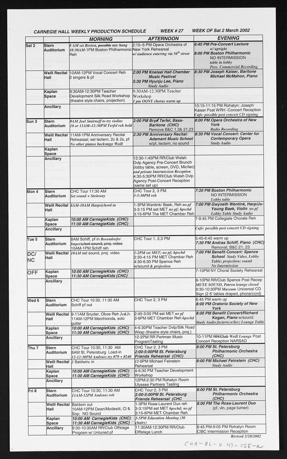 Carnegie Hall Booking Ledger, volume 47, page 55a