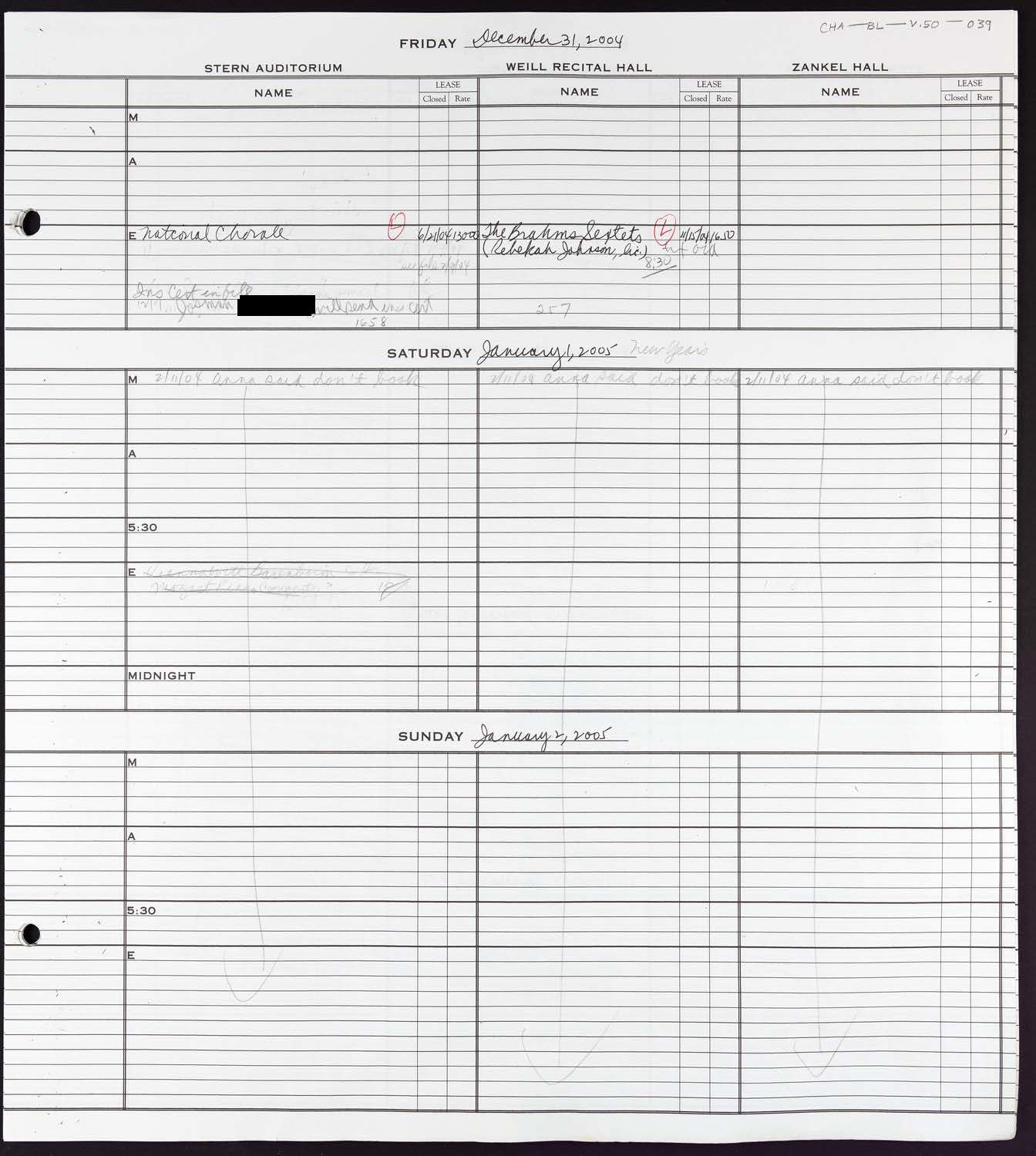 Carnegie Hall Booking Ledger, volume 50, page 39