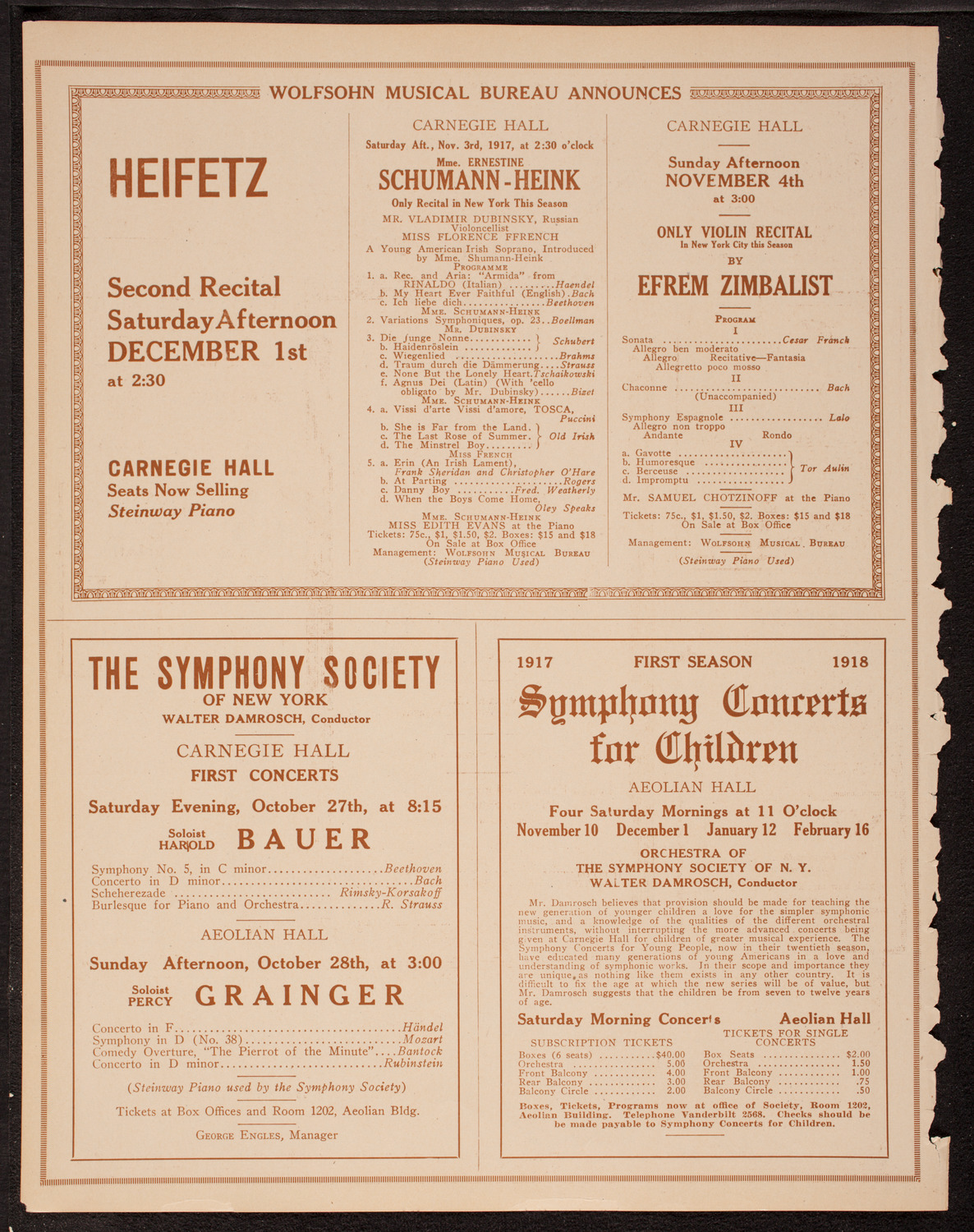 Jascha Heifetz, Violin, October 27, 1917, program page 8