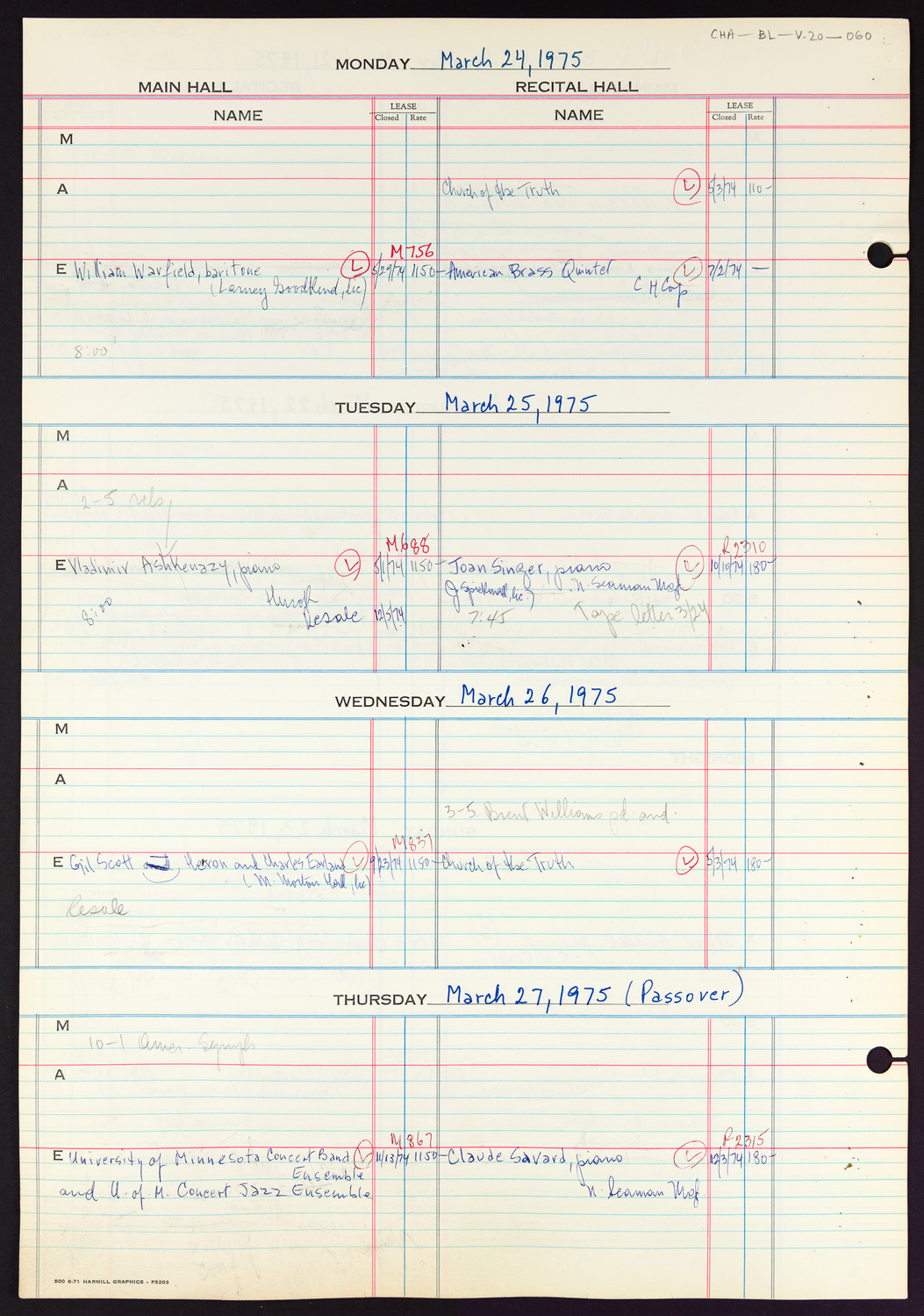 Carnegie Hall Booking Ledger, volume 20, page 60