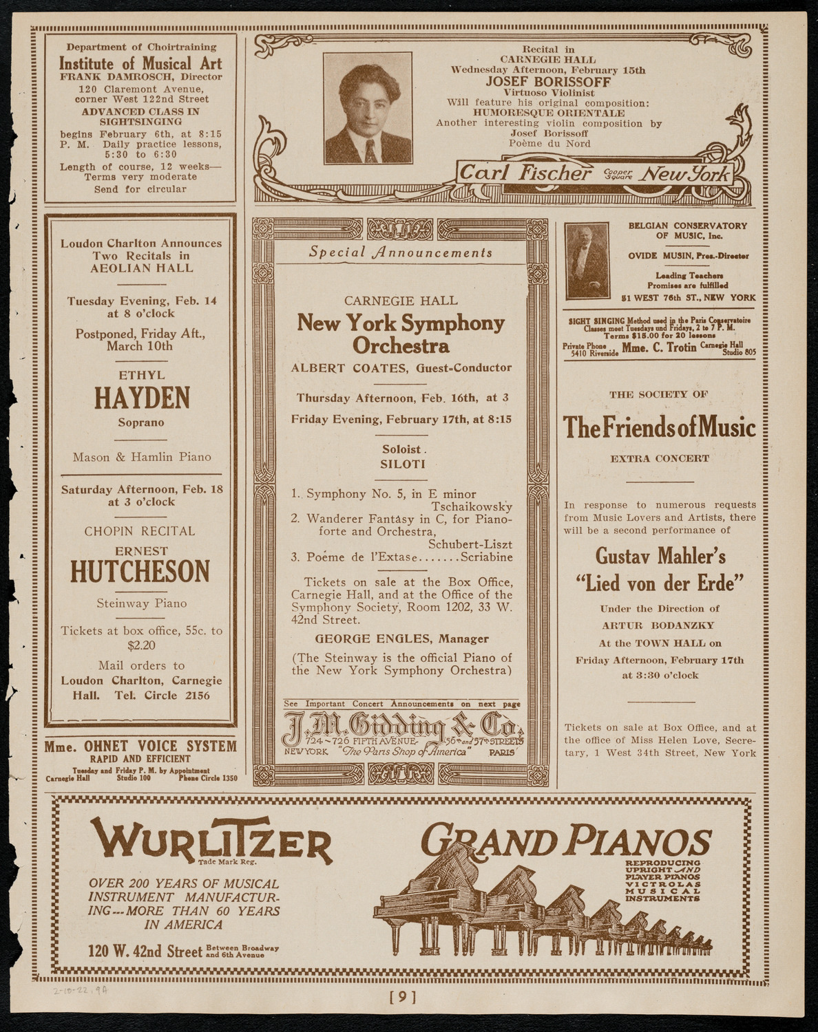 New York Philharmonic, February 10, 1922, program page 9