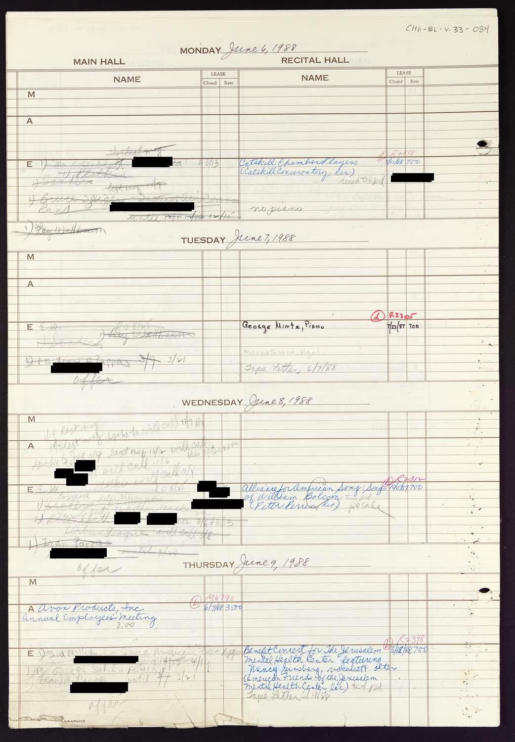 Carnegie Hall Booking Ledger, volume 33, page 84