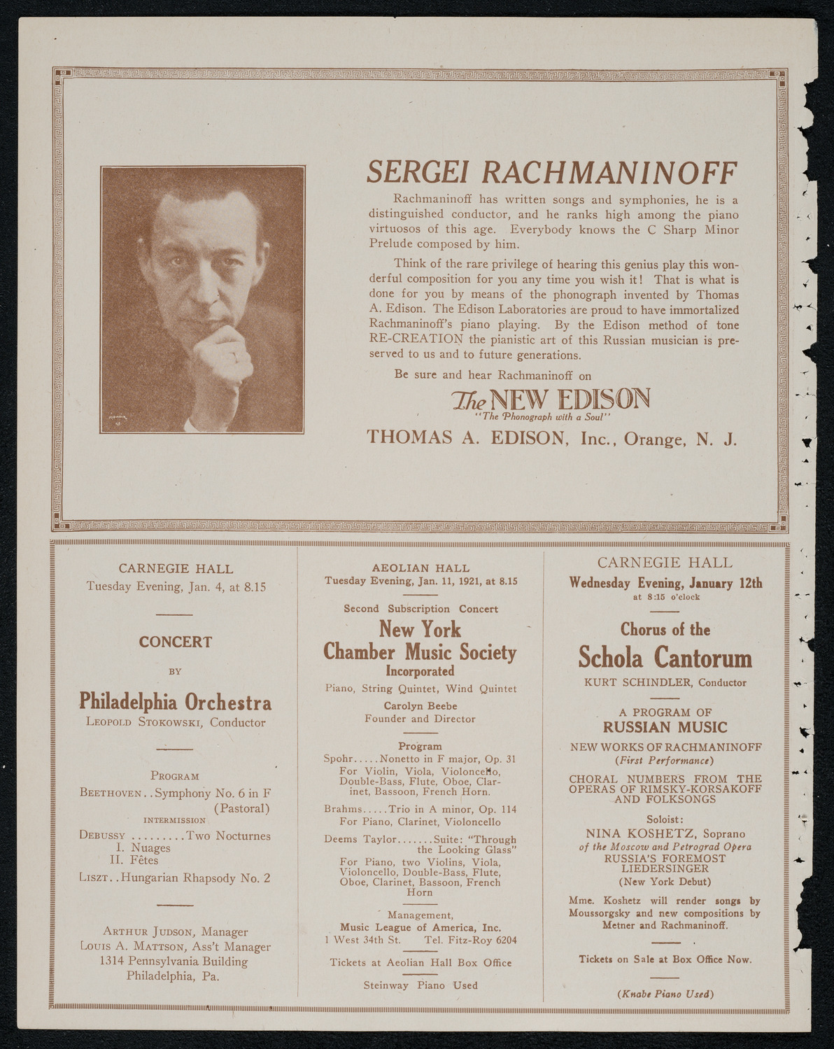 La Scala Orchestra, January 3, 1921, program page 2