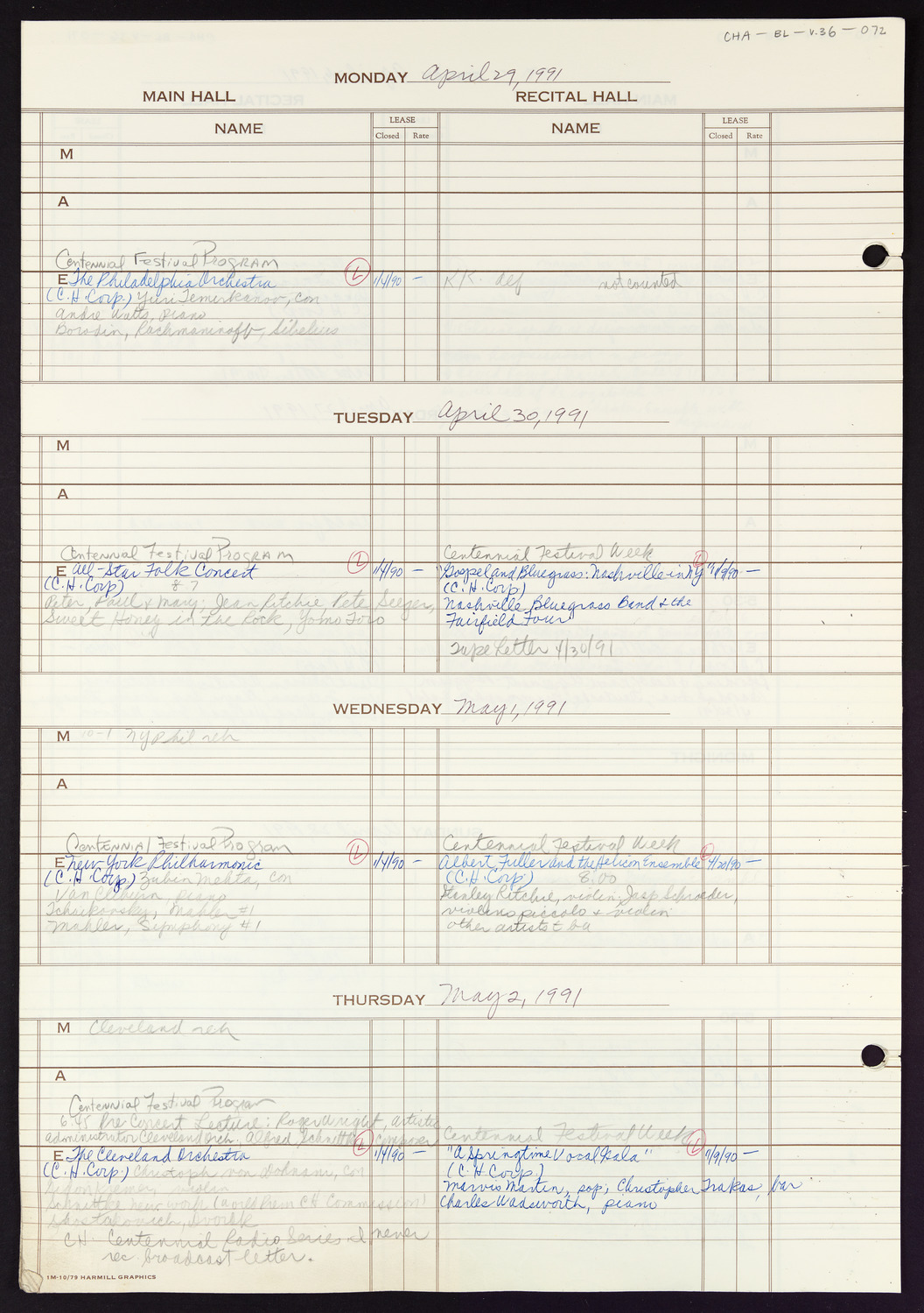 Carnegie Hall Booking Ledger, volume 36, page 72