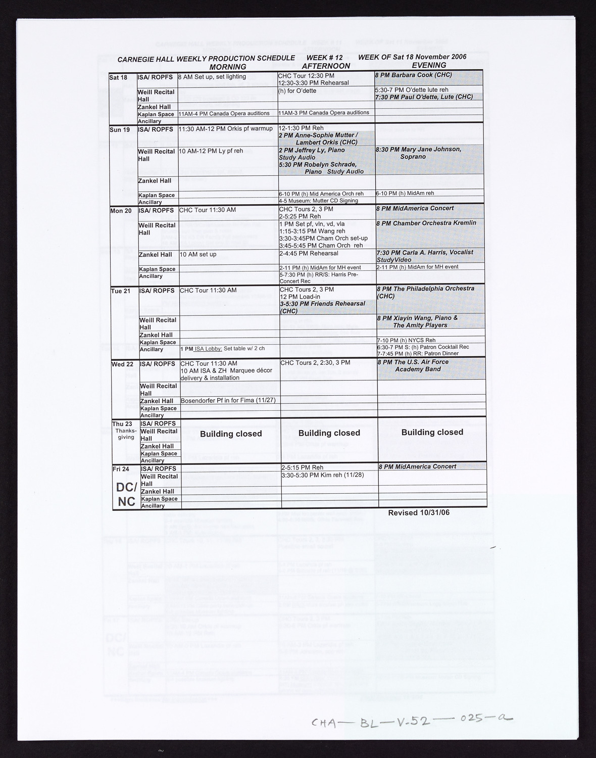 Carnegie Hall Booking Ledger, volume 52, page 25a