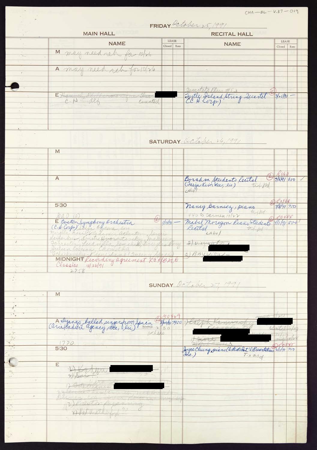 Carnegie Hall Booking Ledger, volume 37, page 19