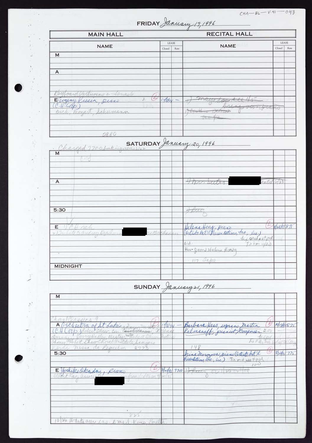 Carnegie Hall Booking Ledger, volume 41, page 43