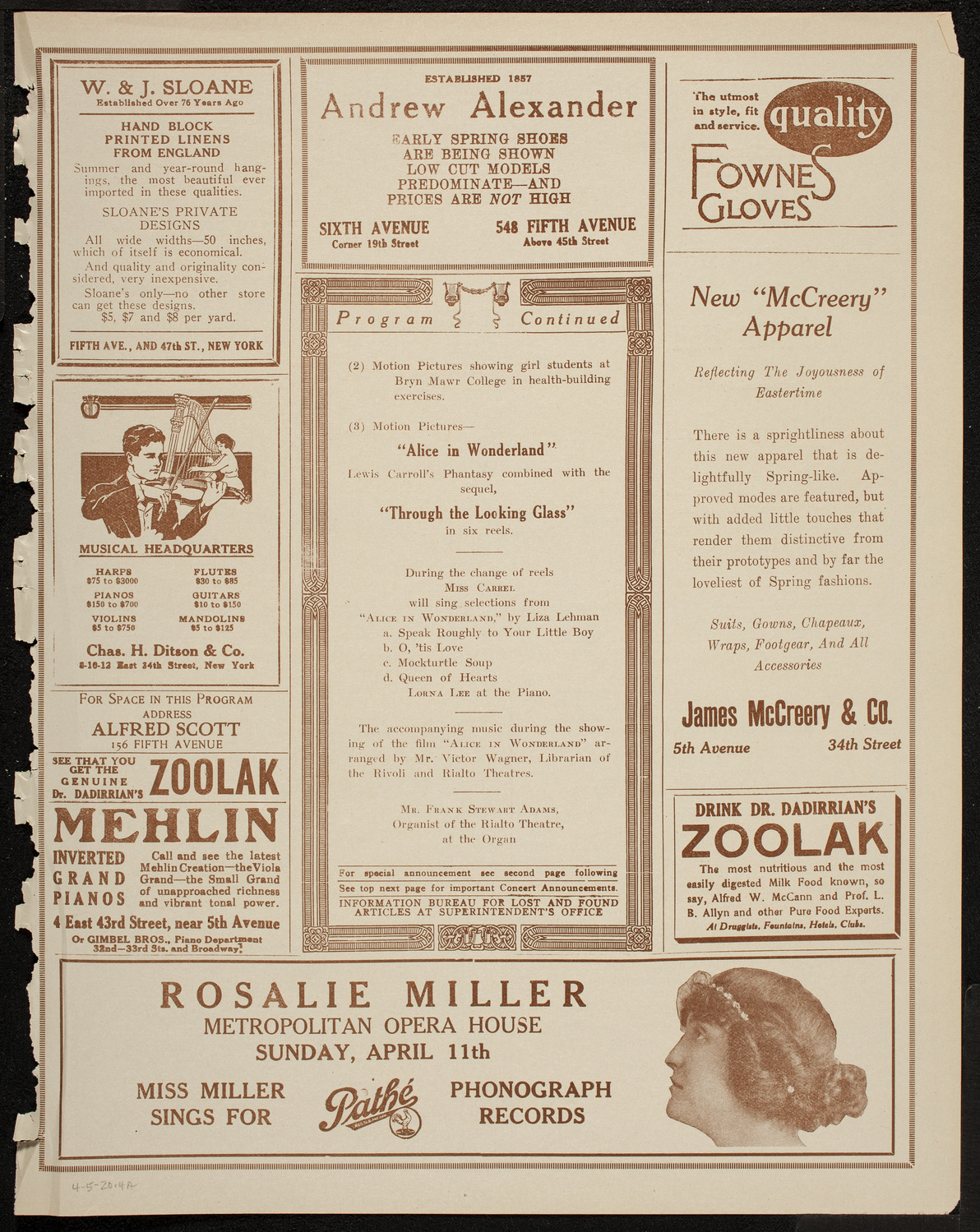 Film: Alice in Wonderland, April 5, 1920, program page 7