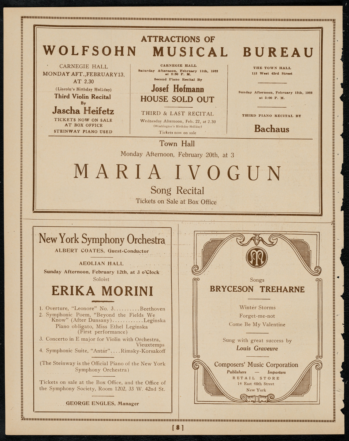 New York Philharmonic, February 9, 1922, program page 8