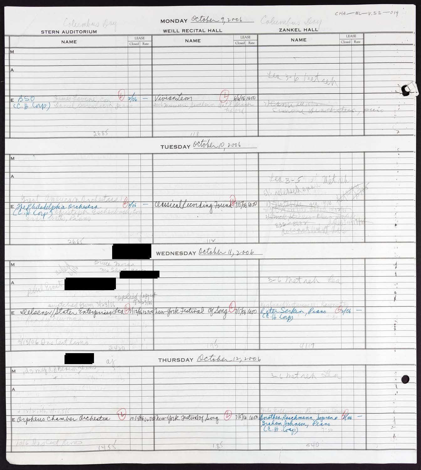 Carnegie Hall Booking Ledger, volume 52, page 14