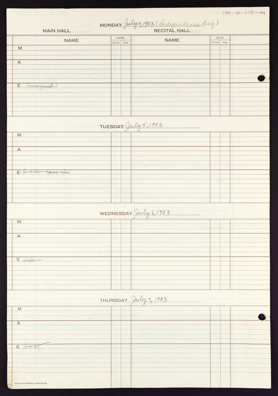 Carnegie Hall Booking Ledger, volume 28, page 94