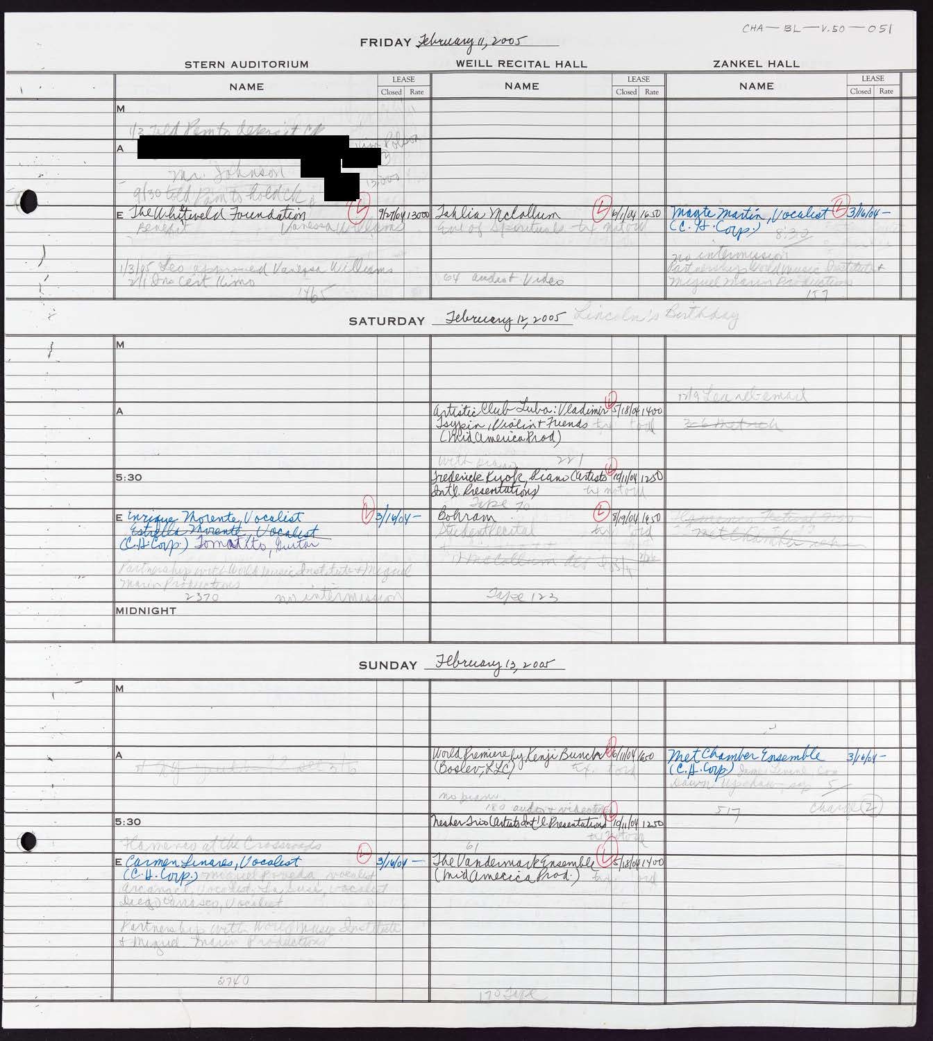 Carnegie Hall Booking Ledger, volume 50, page 51