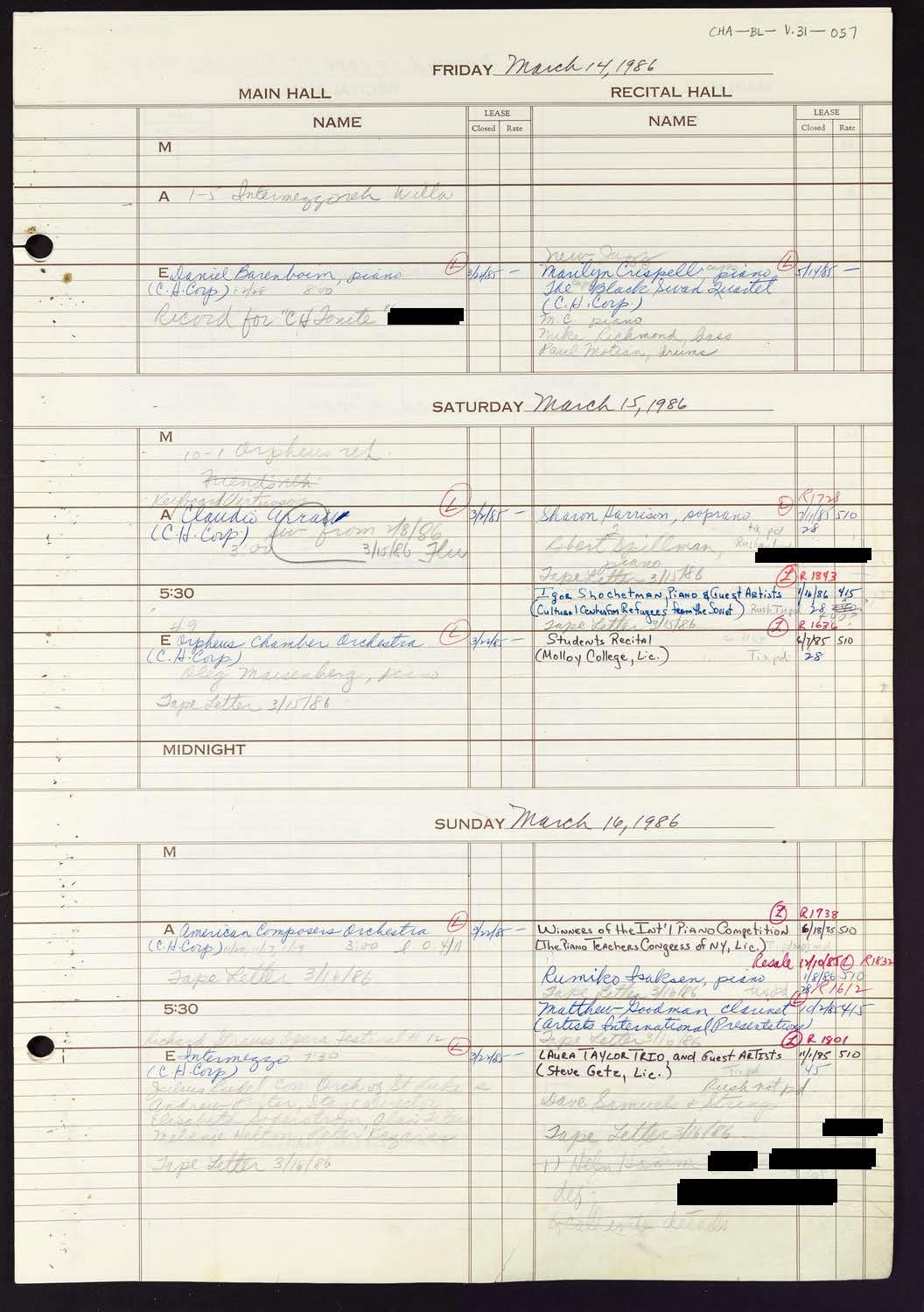 Carnegie Hall Booking Ledger, volume 31, page 57