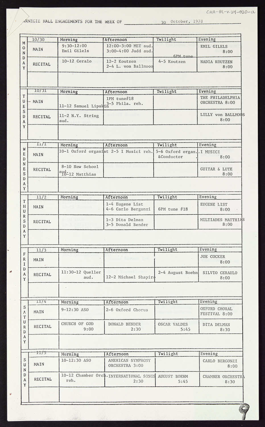 Carnegie Hall Booking Ledger, volume 24, page 20a