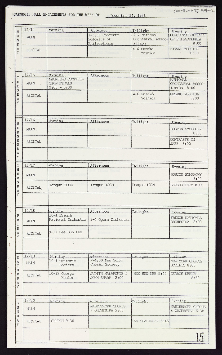 Carnegie Hall Booking Ledger, volume 27, page 34a