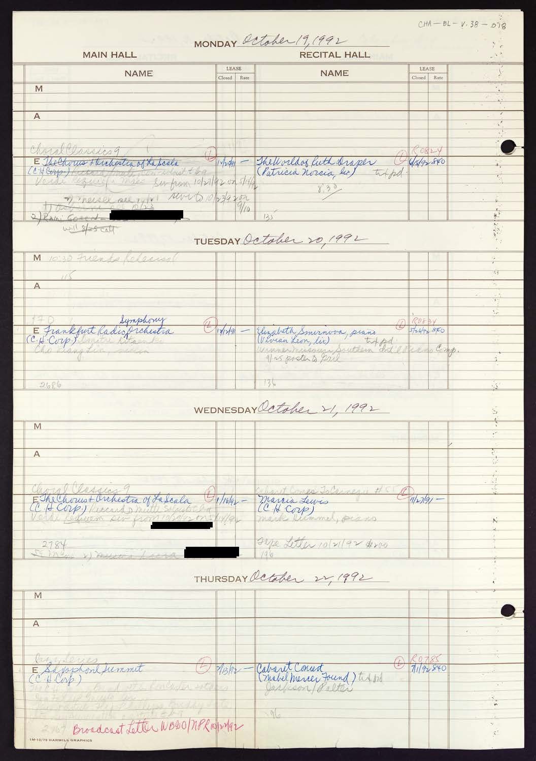 Carnegie Hall Booking Ledger, volume 38, page 18