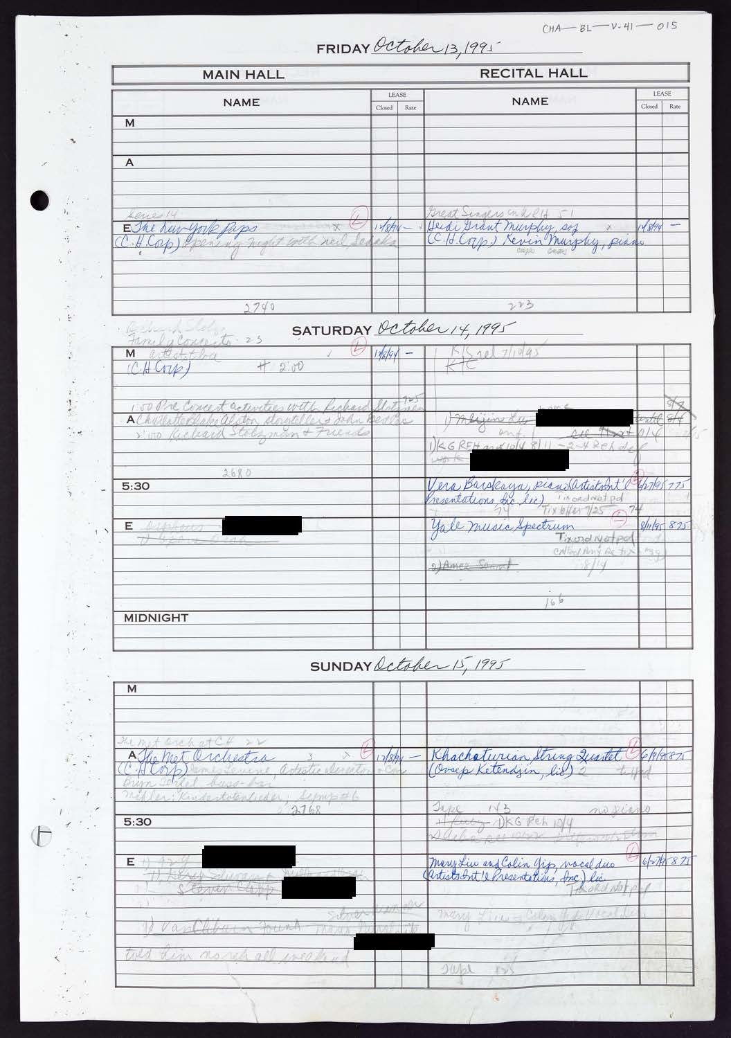 Carnegie Hall Booking Ledger, volume 41, page 15