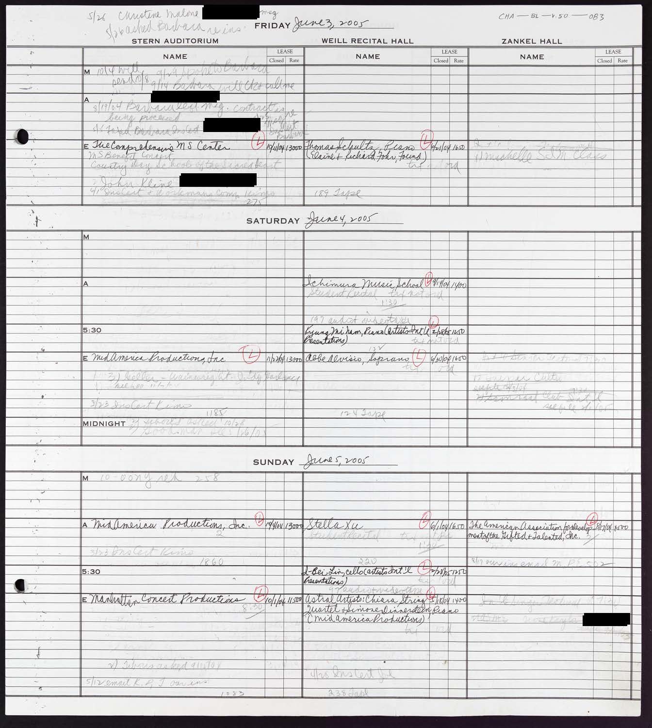 Carnegie Hall Booking Ledger, volume 50, page 83