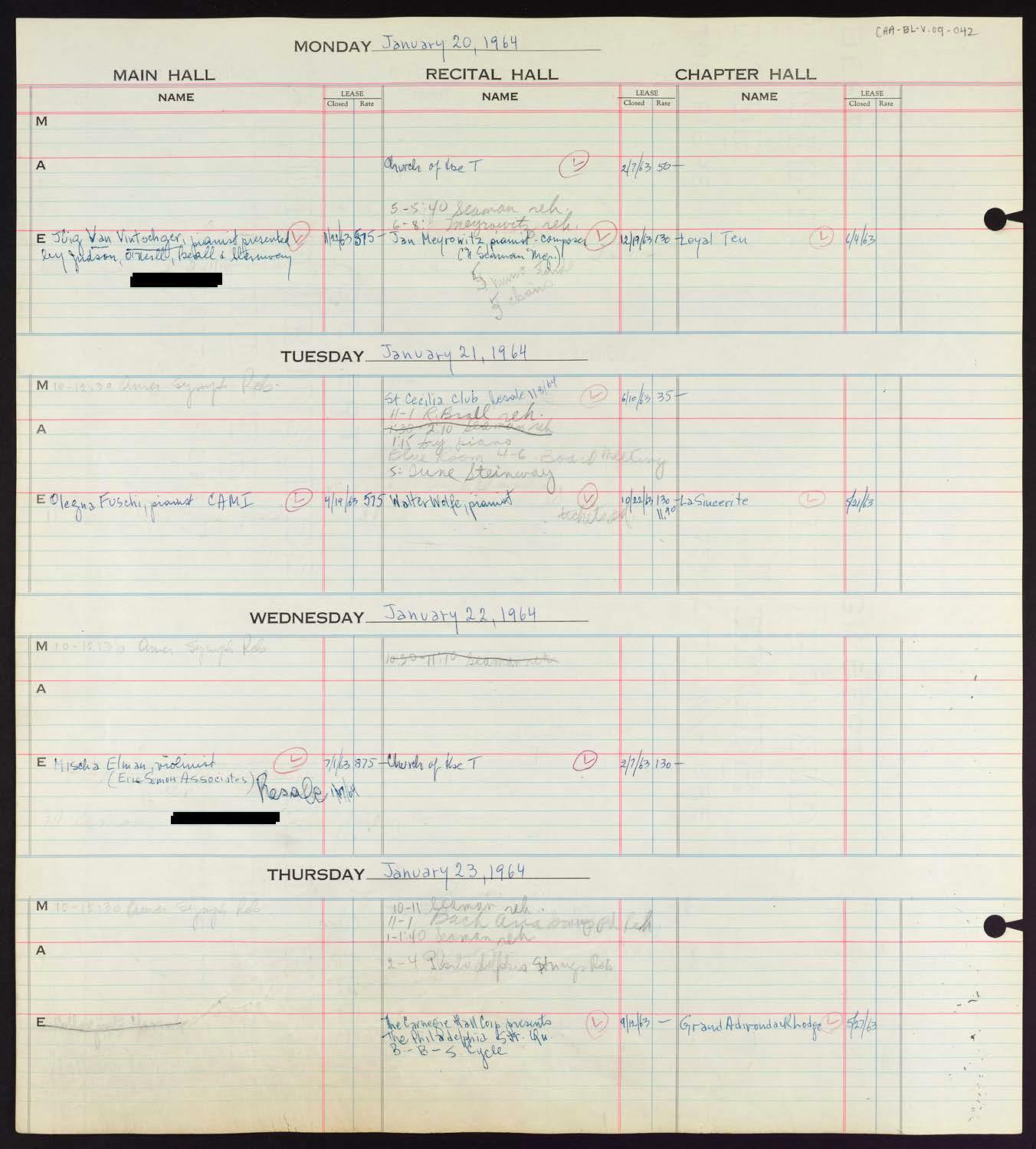 Carnegie Hall Booking Ledger, volume 9, page 42