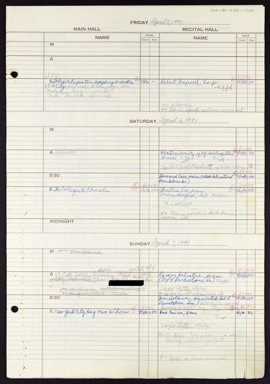 Carnegie Hall Booking Ledger, volume 36, page 65