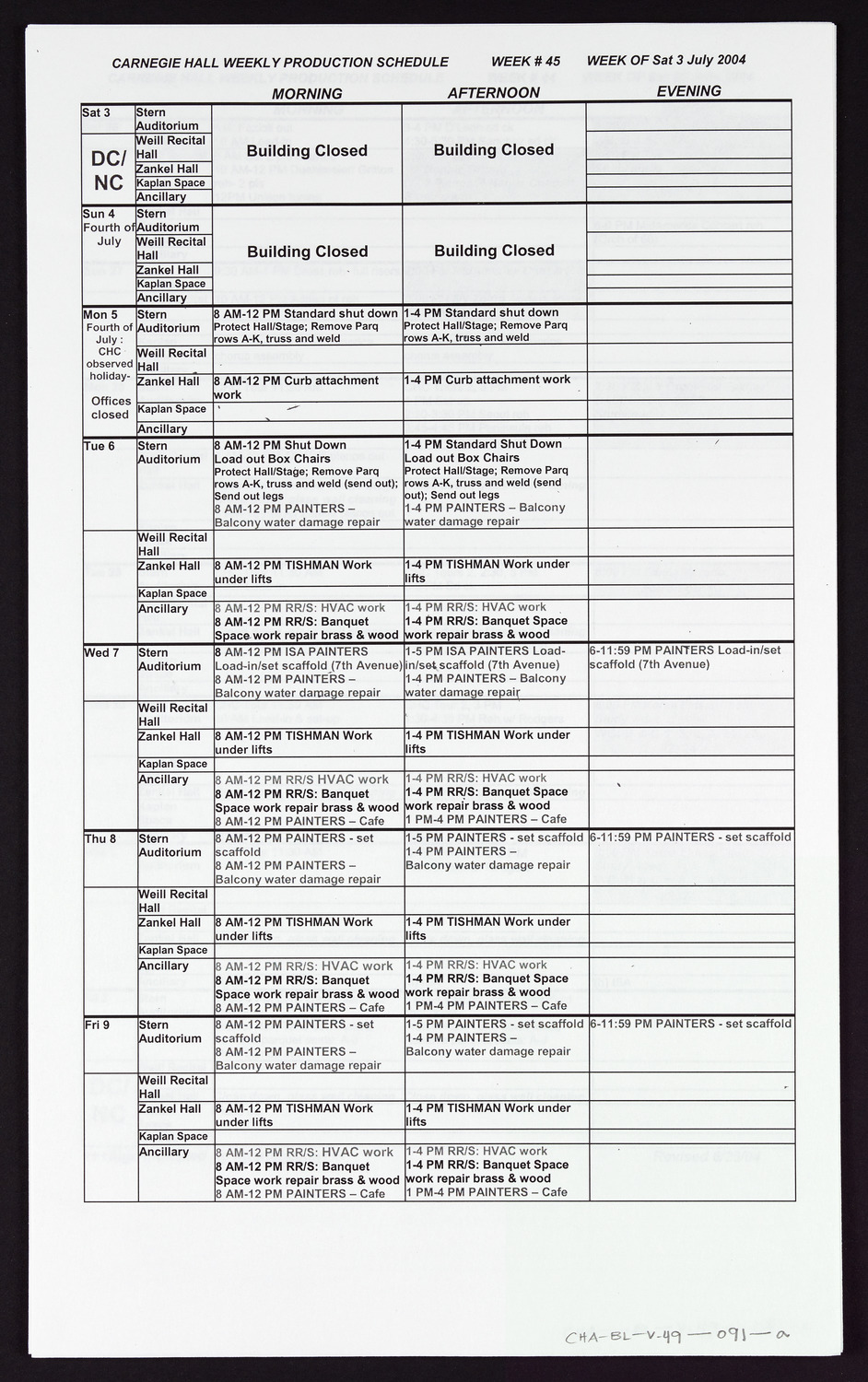 Carnegie Hall Booking Ledger, volume 49, page 91a