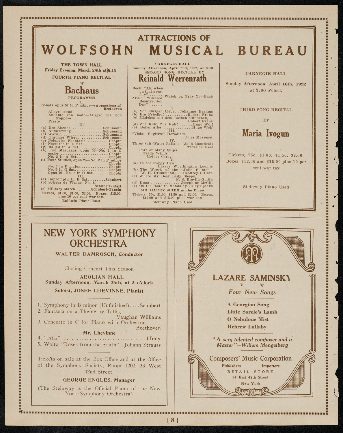 New York Philharmonic, March 24, 1922, program page 8