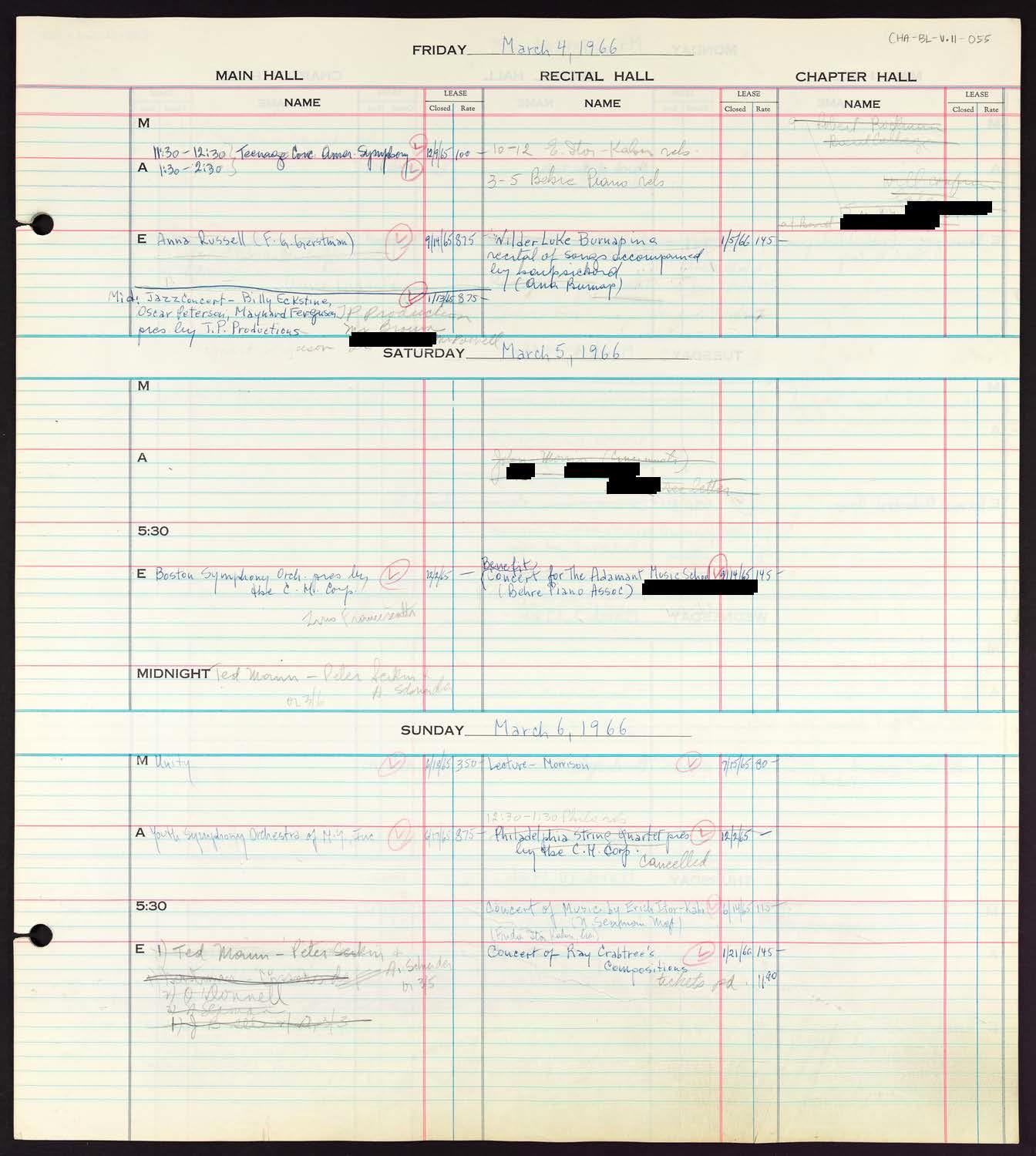 Carnegie Hall Booking Ledger, volume 11, page 55