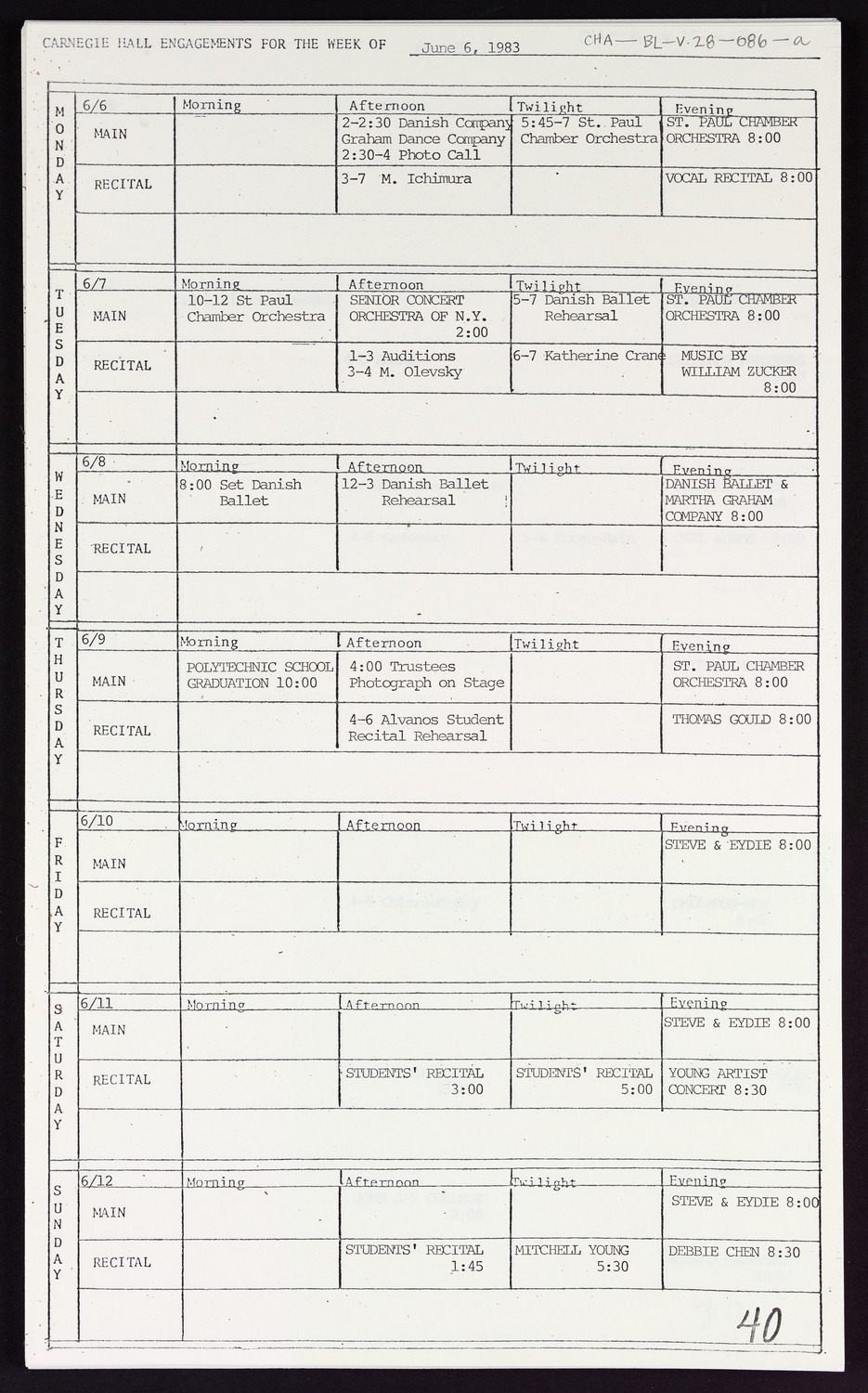 Carnegie Hall Booking Ledger, volume 28, page 86a