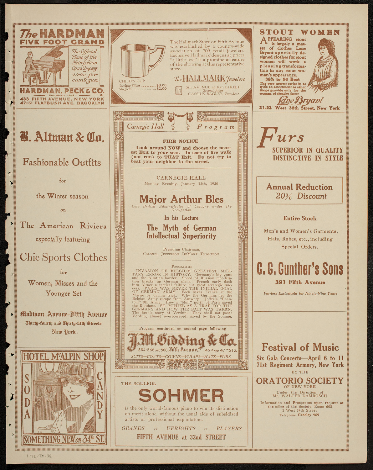 Lecture by Major Arthur Bles, January 12, 1920, program page 5
