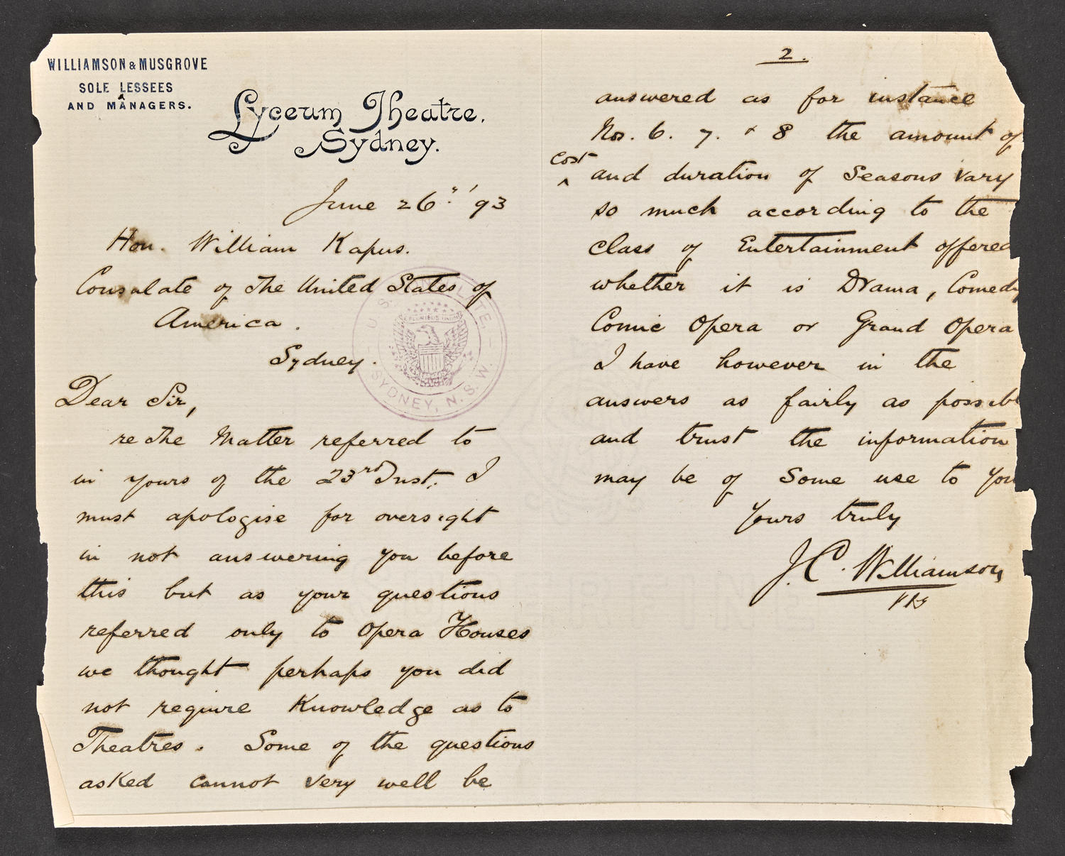 Letter from J.C. Williamson to US Consulate William Kapus of Sydney, June 26, 1893