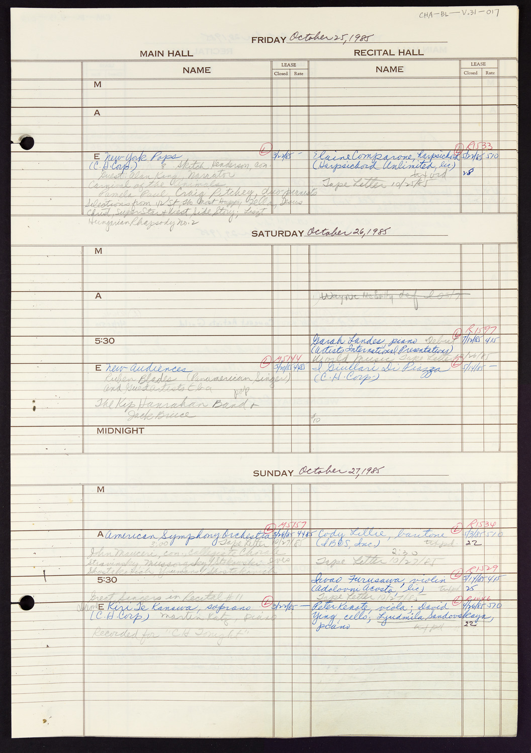 Carnegie Hall Booking Ledger, volume 31, page 17